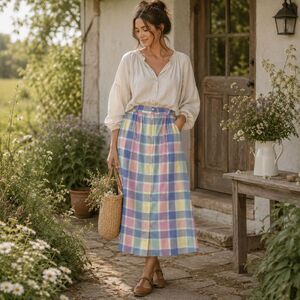 Vintage Pastel Plaid Skirt Button Down 10 Gingham Cottagecore 80's USA Prairie